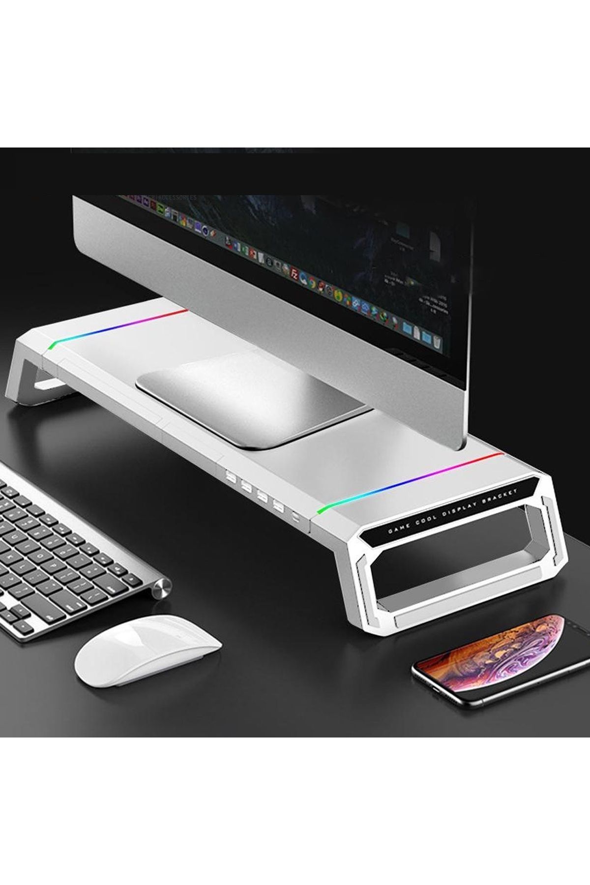 JUNGLEE Laptop Sehpası RGB Işıklı Mönitör Standı Ekran Altlığı 4 Usb Hub Telefon Tutuculu