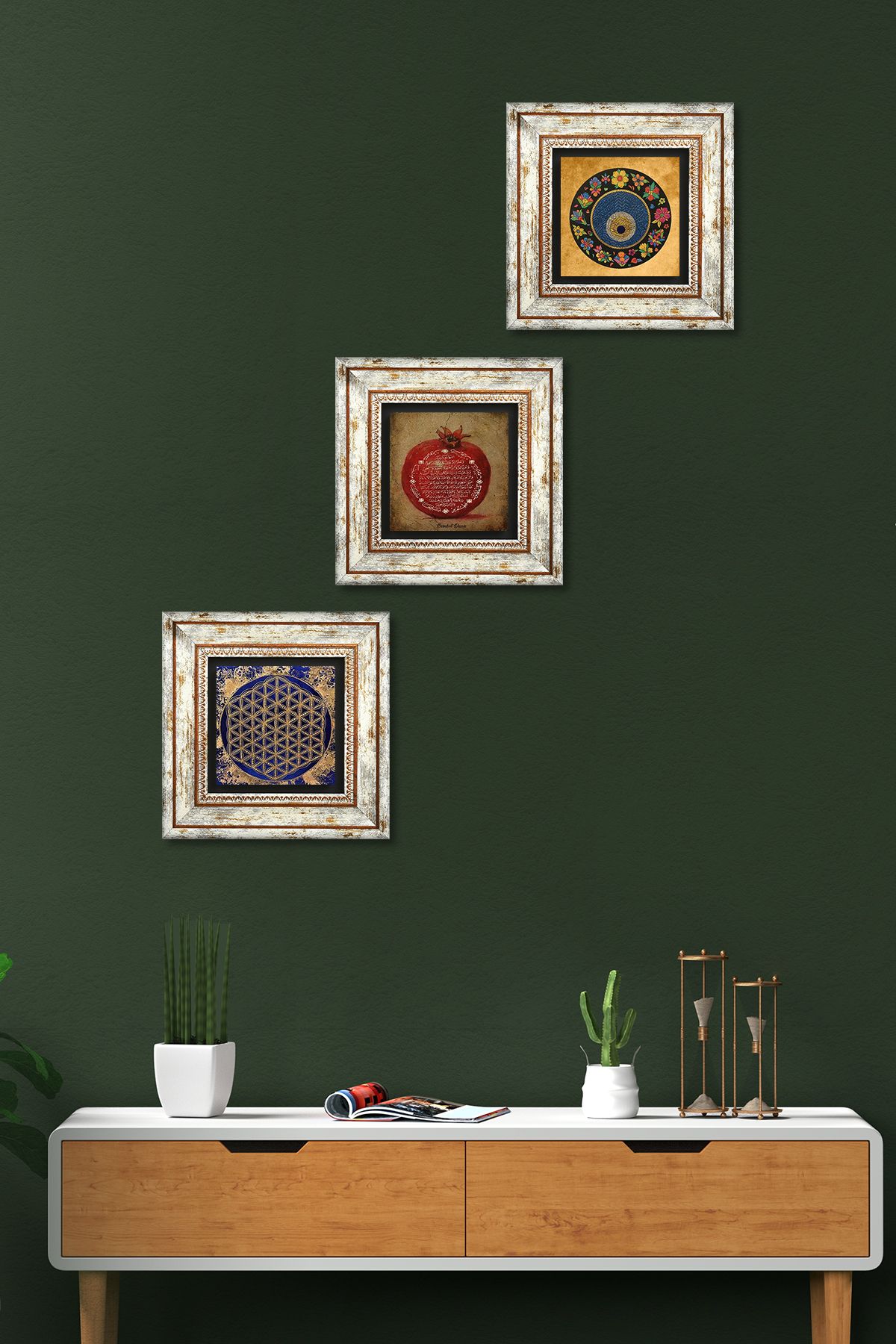 Pinecone Yaşam Çiçeği, Nazar Boncuğu, Bereket Duası Taş Duvar Tablosu Çerçeveli Duvar Dekoru 3lü Set Wall Art