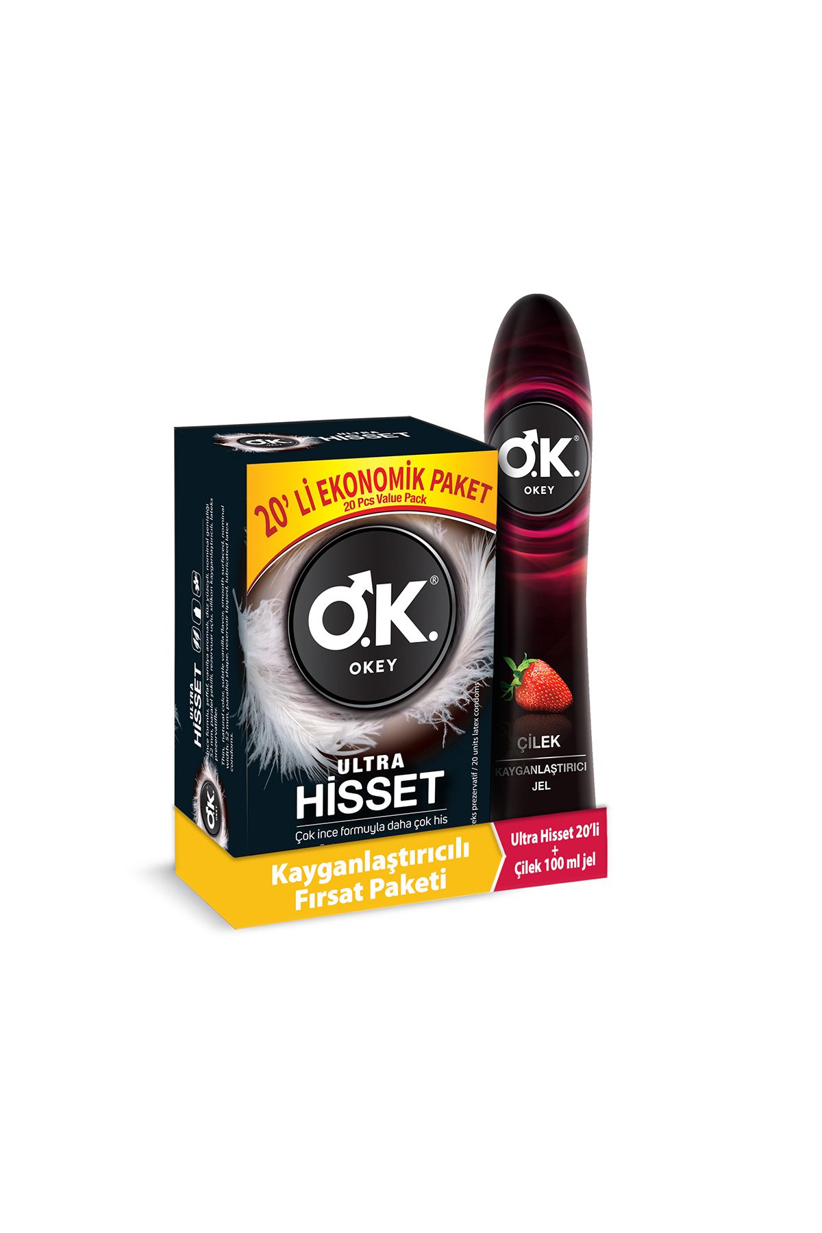 Okey Ultra Hisset 20'li Prezervatif & Çilek Kayganlaştırıcı Jel 100 ml Set