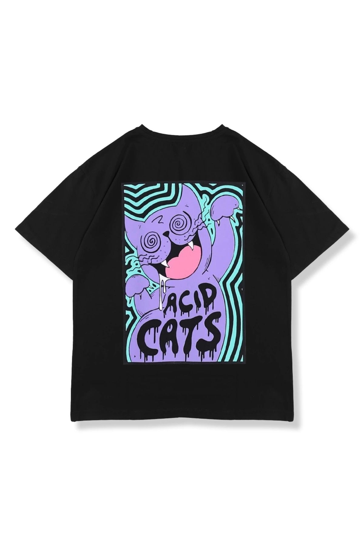 Sekizbiraltı Acid Cat Sırt Baskılı Siyah Oversize Unisex Tshirt