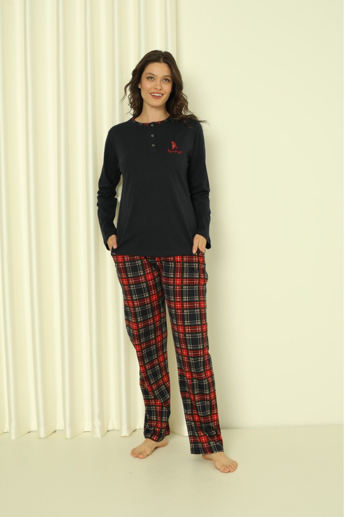 AHENGİM Kadın Pijama Takımı Süprem Uzun Kol Altı Küçük Ekoseli Pamuklu Mevsimlik W20322245