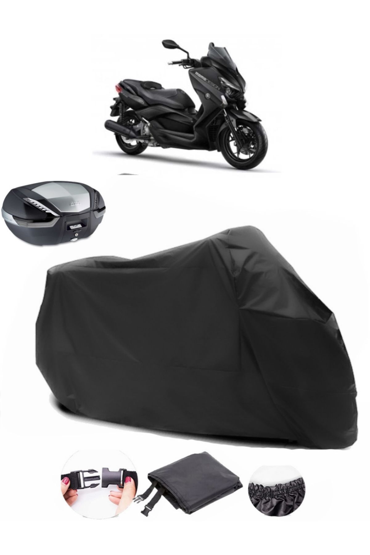 Breen Yamaha X-Max 250 MomoDesign Arka Çanta Uyumlu Branda SİYAH Motosiklet Brandası ( KİLİT UYUMLU)