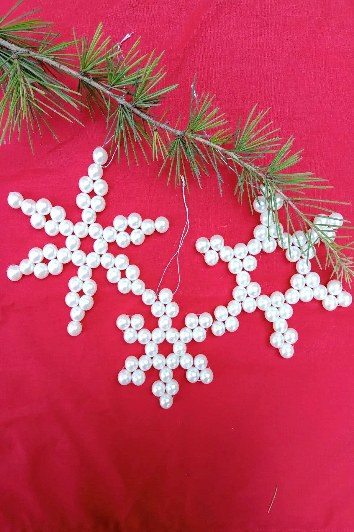  Emtory Home 3'lü İnci Kartanesi Yıldız Seti - Yılbaşı Ağaç Süsü - Christmas Tree Ornament