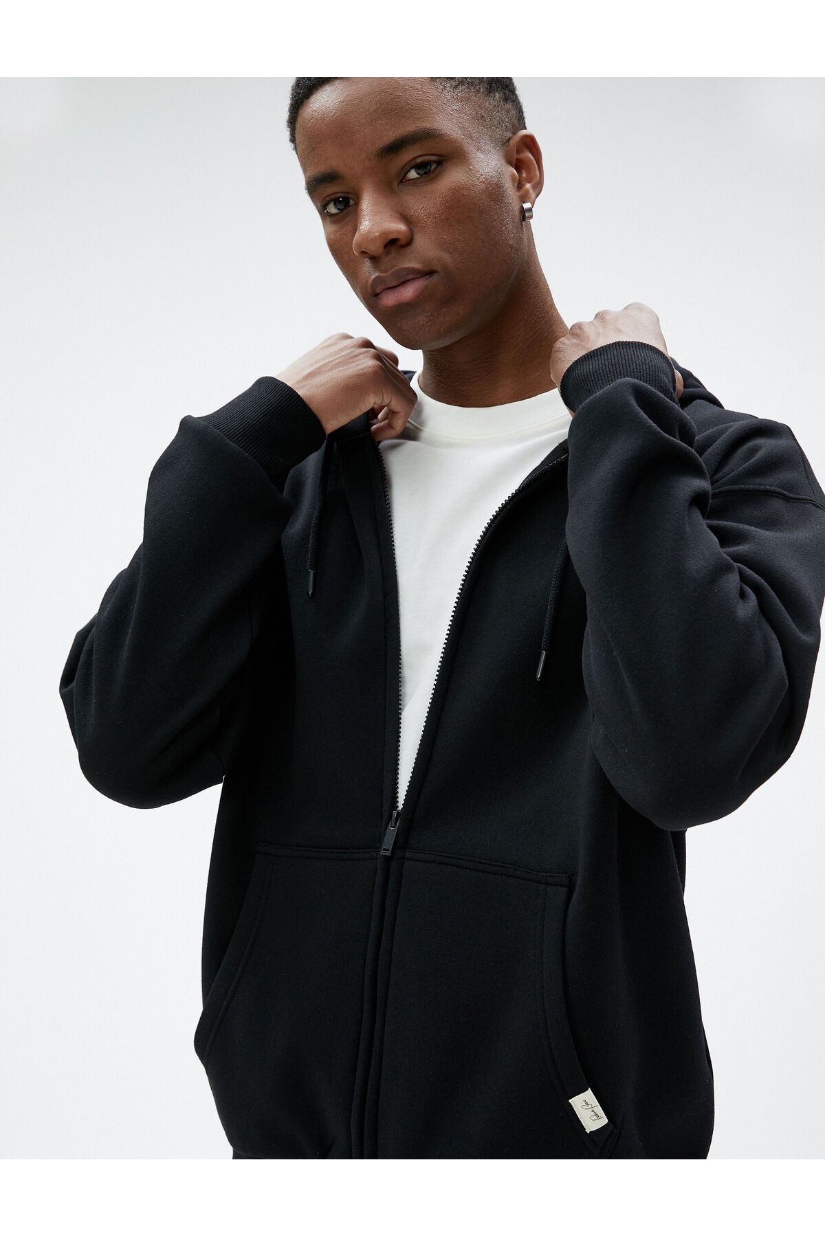 Koton Oversize Fermuarlı Sweatshirt Kapşonlu Cep Detaylı Etiket Baskılı Şardonlu