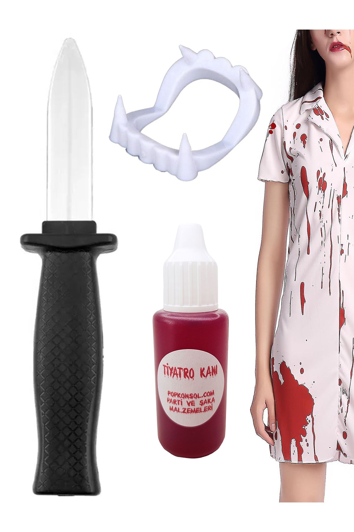 POPKONSOL Şaka Bıçak Yapay Kan Vampir Dişi Set Tiyatro Kanı Cadılar Bayramı Şaka Malzemesi Beyaz