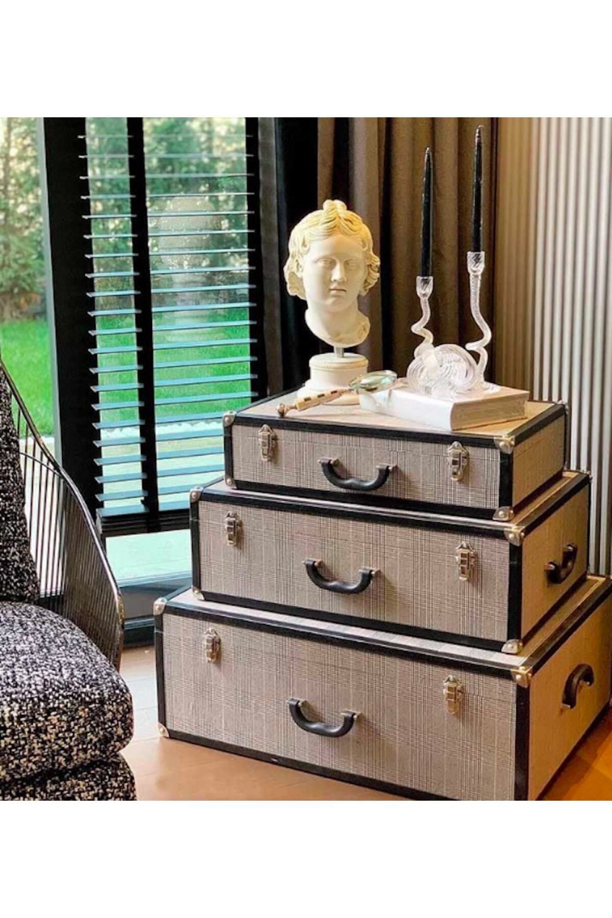 MIARIK DESIGN & DEKORASYON Ev Aksesuarı 3 Lü Deri Dekoratif Sandık Bavul Kutu