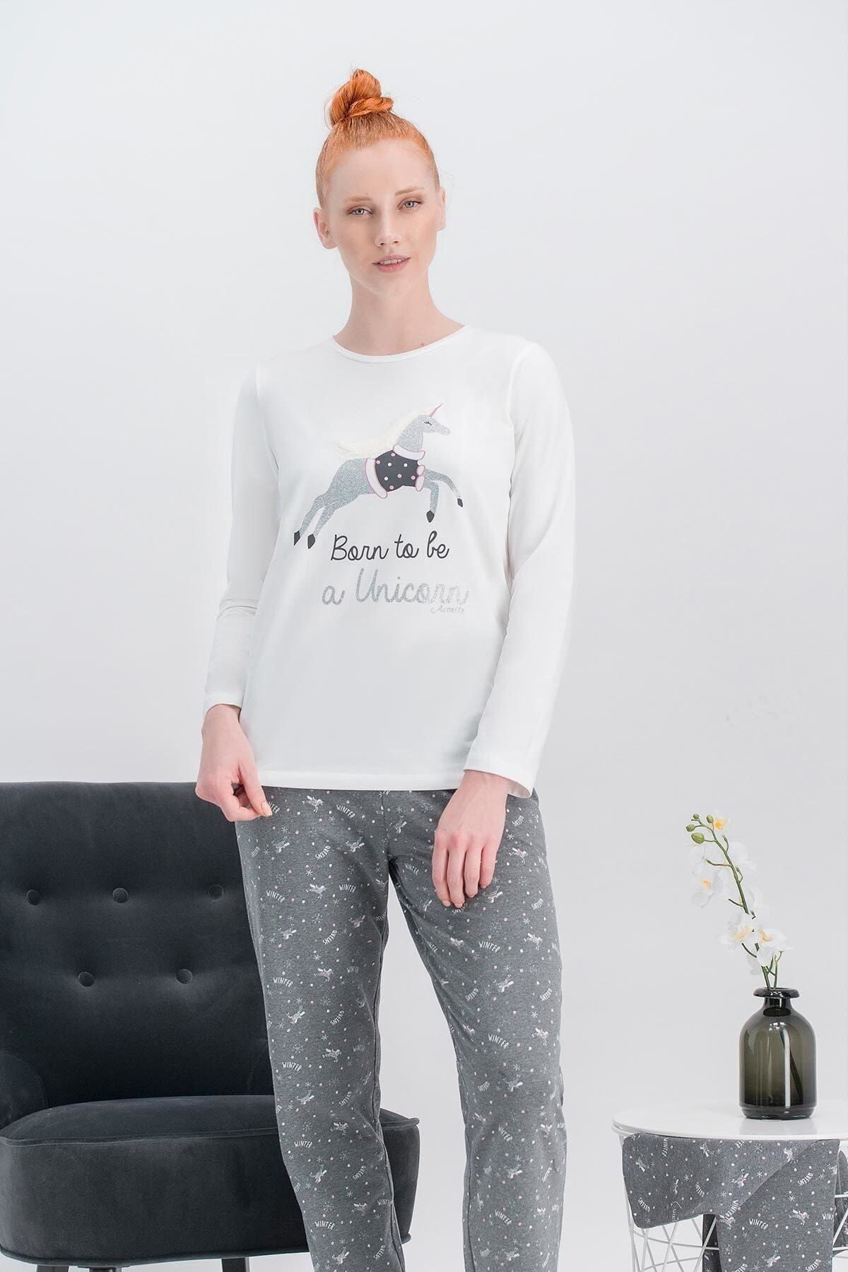 Arnetta Kadın Unicorn Fly Krem Büyük Beden Pijama Takımı