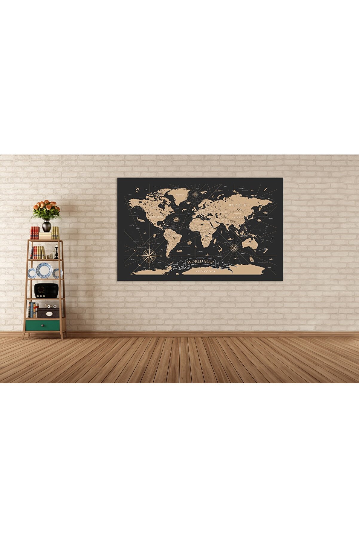 Genel Markalar Dünya Haritası Altın Detaylı Tek Parça Dekoratif Tablo