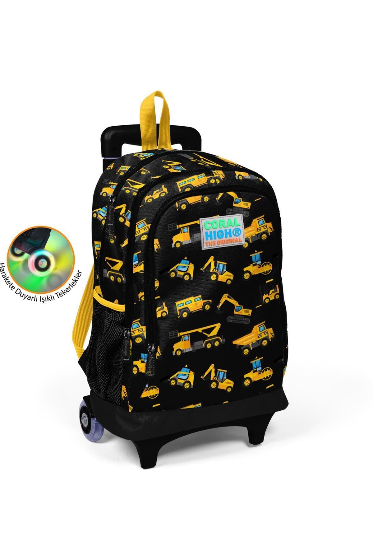 Coral High Kids Siyah Sarı Iş Makinesi Desenli Üç Bölmeli Çekçekli Okul Sırt Çantası 23384