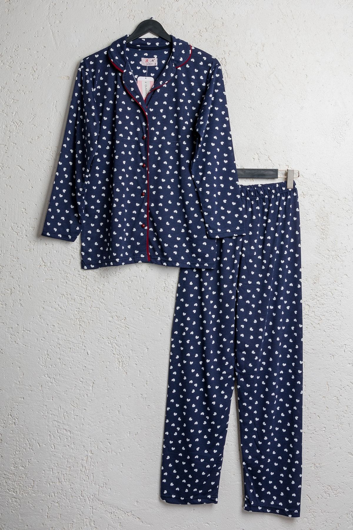 BSM Kadın Pamuklu Lacivert Kalpli Düğmeli Pijama Takımı