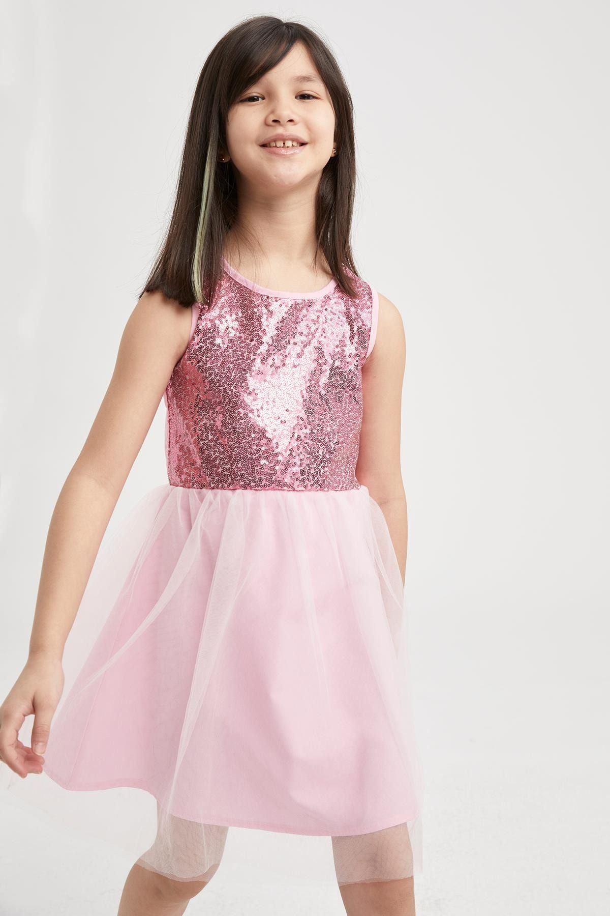 Defacto Kız Çocuk Payetli Kolsuz Tüllü Astarlı  Elbise