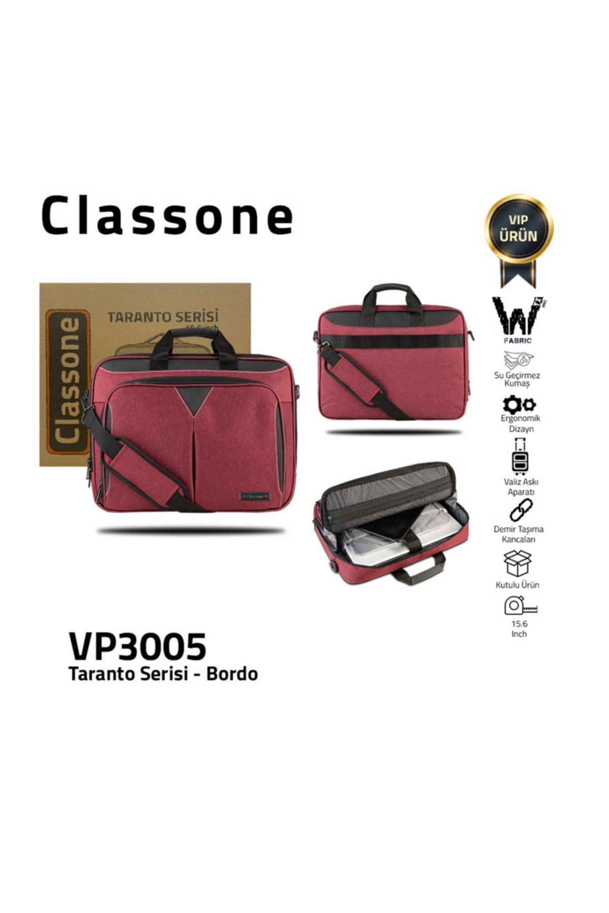 Classone Taranto Vp3005 15.6 ,inch , Su Geçirmez Kumaş , Notebook ,laptop, El ,çantası-bordo