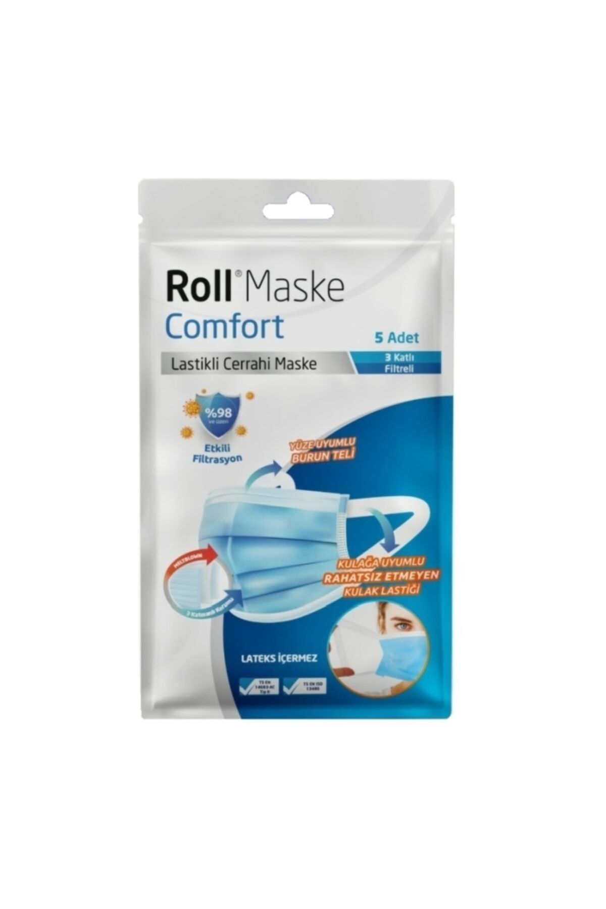 KURTSAN MEDİKAL Roll Maske Comfort Lastikli Cerrahi Maske - Meltblown Filtreli 50 Adet