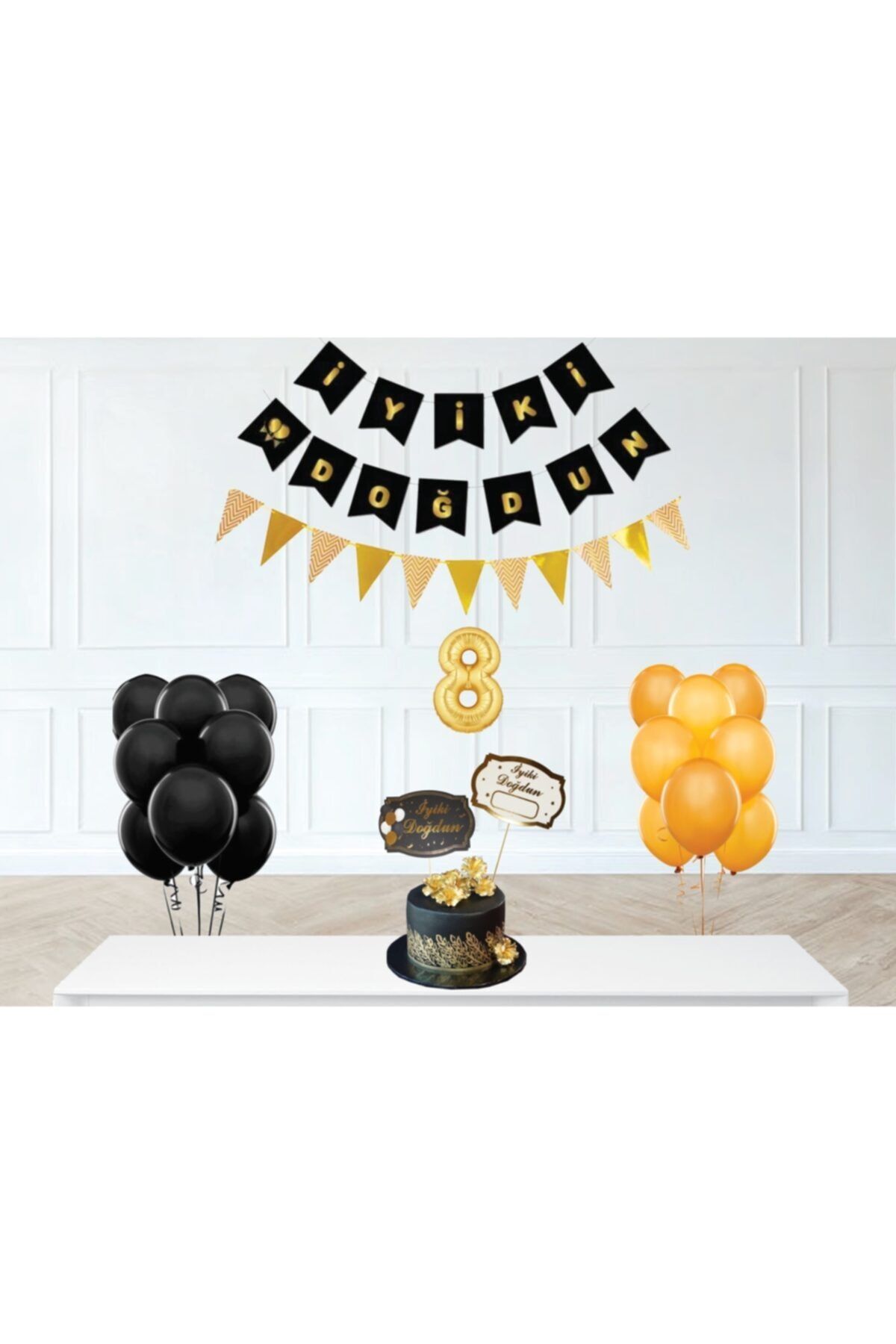 Big Party Siyah Gold  İyi Ki Doğdun Banner Balonlu Set 8 Yaş