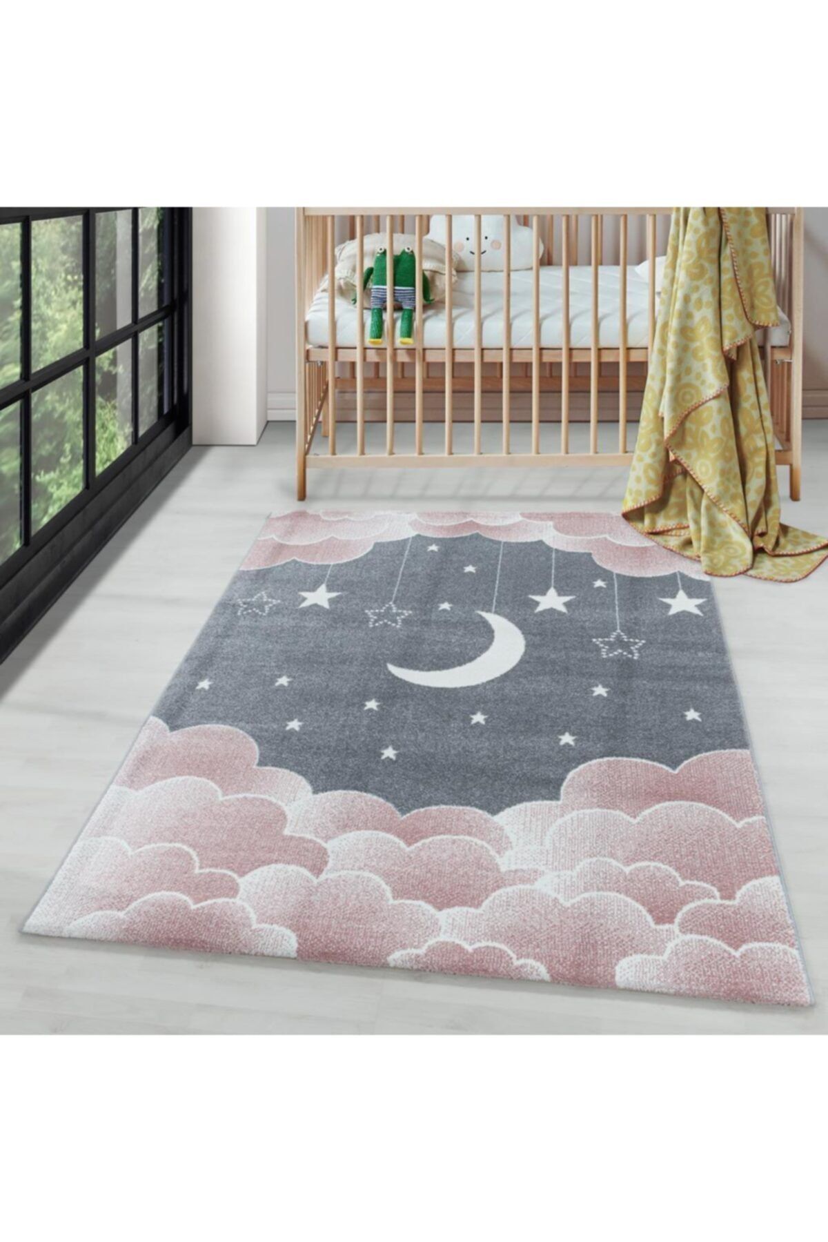 Genel Markalar Çocuk Bebek Odası Halısı Bulut Ay Yıldız Desenli Pembe Gri Tonlarda