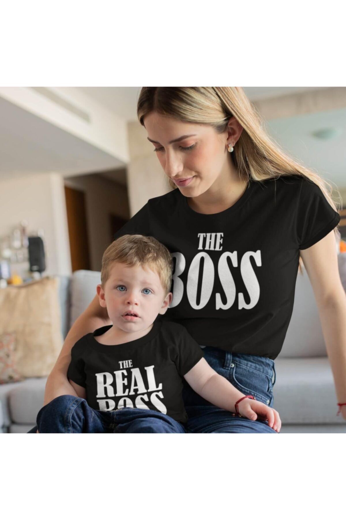 HediyeMania Anne Oğul Tişört Kombini The Boss The Real Boss Baskılı Pamuklu Siyah T-shirt Kombini