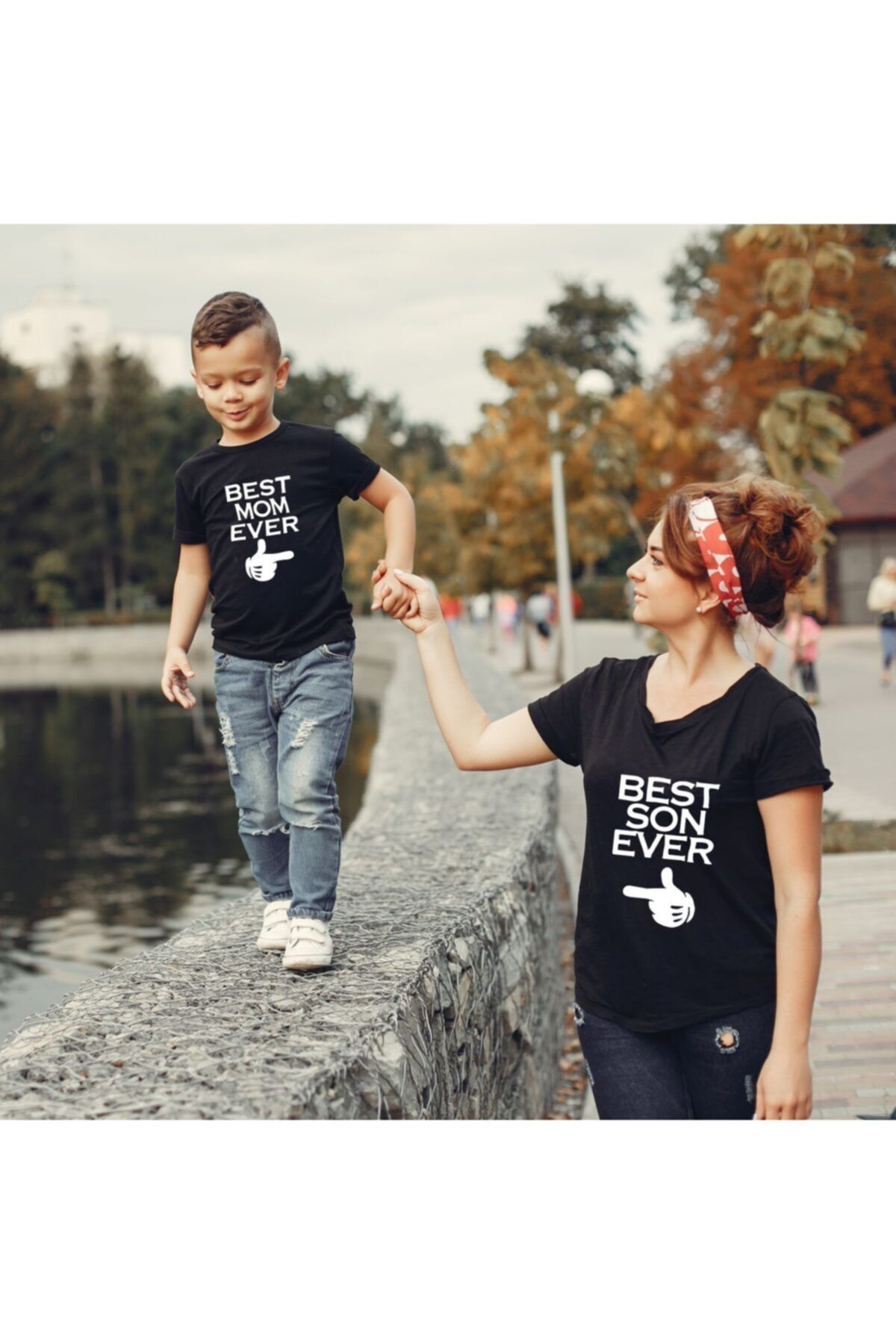 HediyeMania Anne Oğul Tişört Kombini Best Mom Son Ever Baskılı Pamuklu Siyah T-shirt Kombini