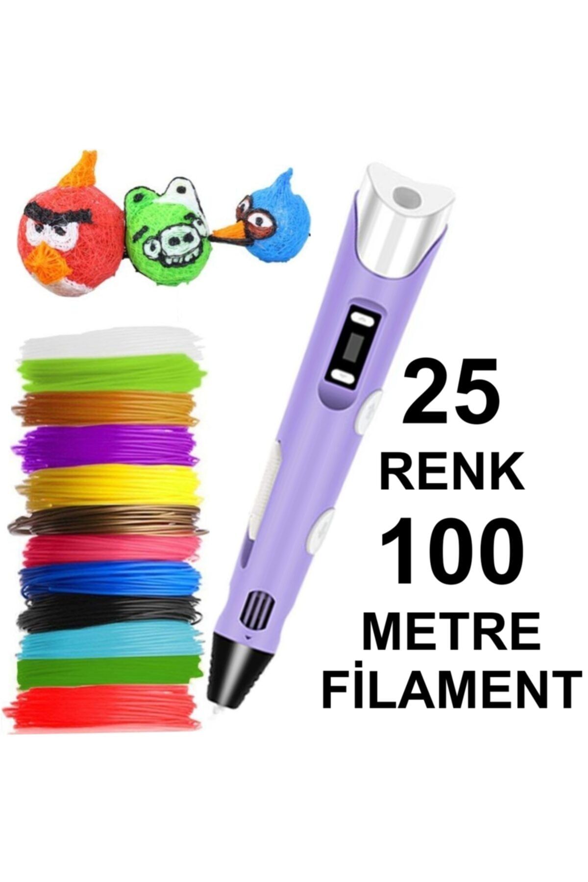 3D Mor Kalem Yazıcı+25 Renk 100 Metre (25x4metre) Pla Filament