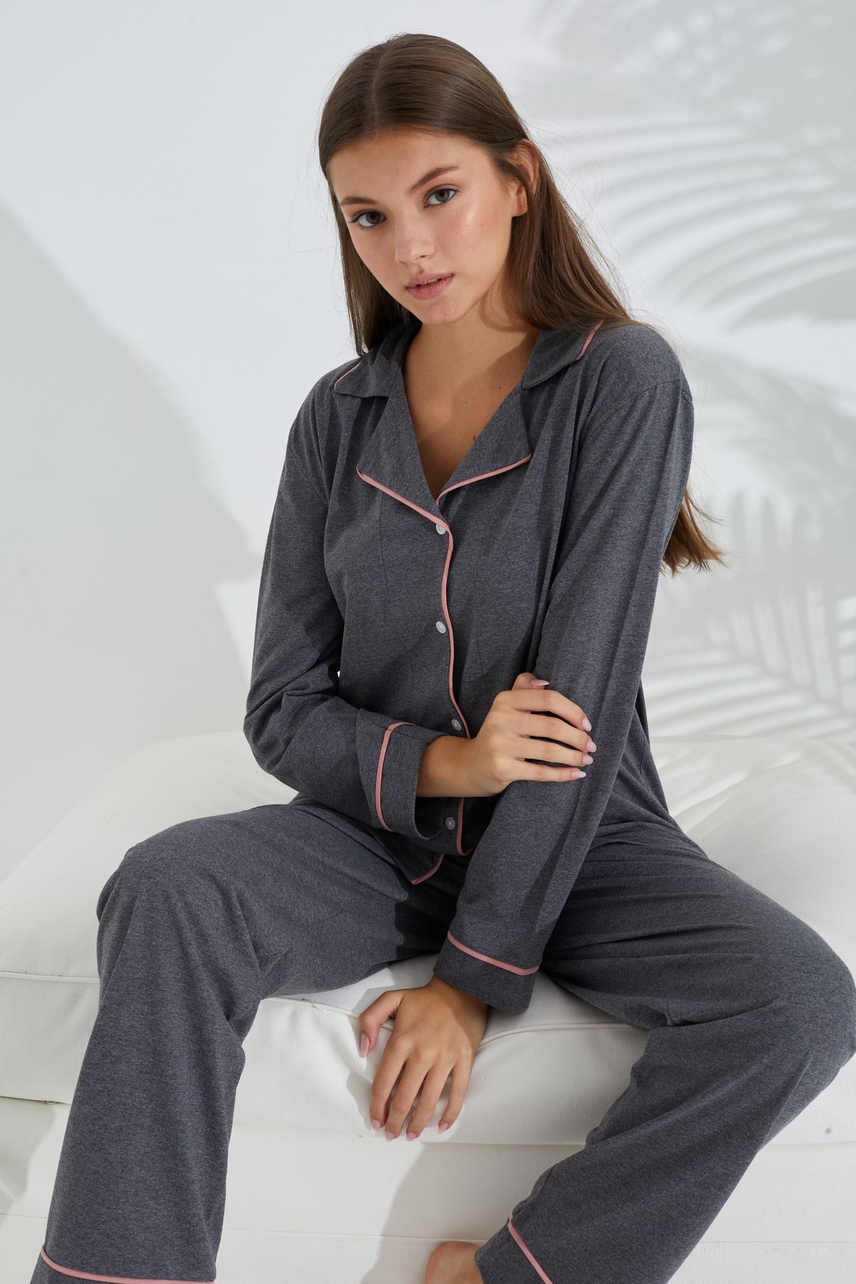 Siyah İnci antrasit somon pamuklu Likralı Düğmeli Biyeli Pijama Takım