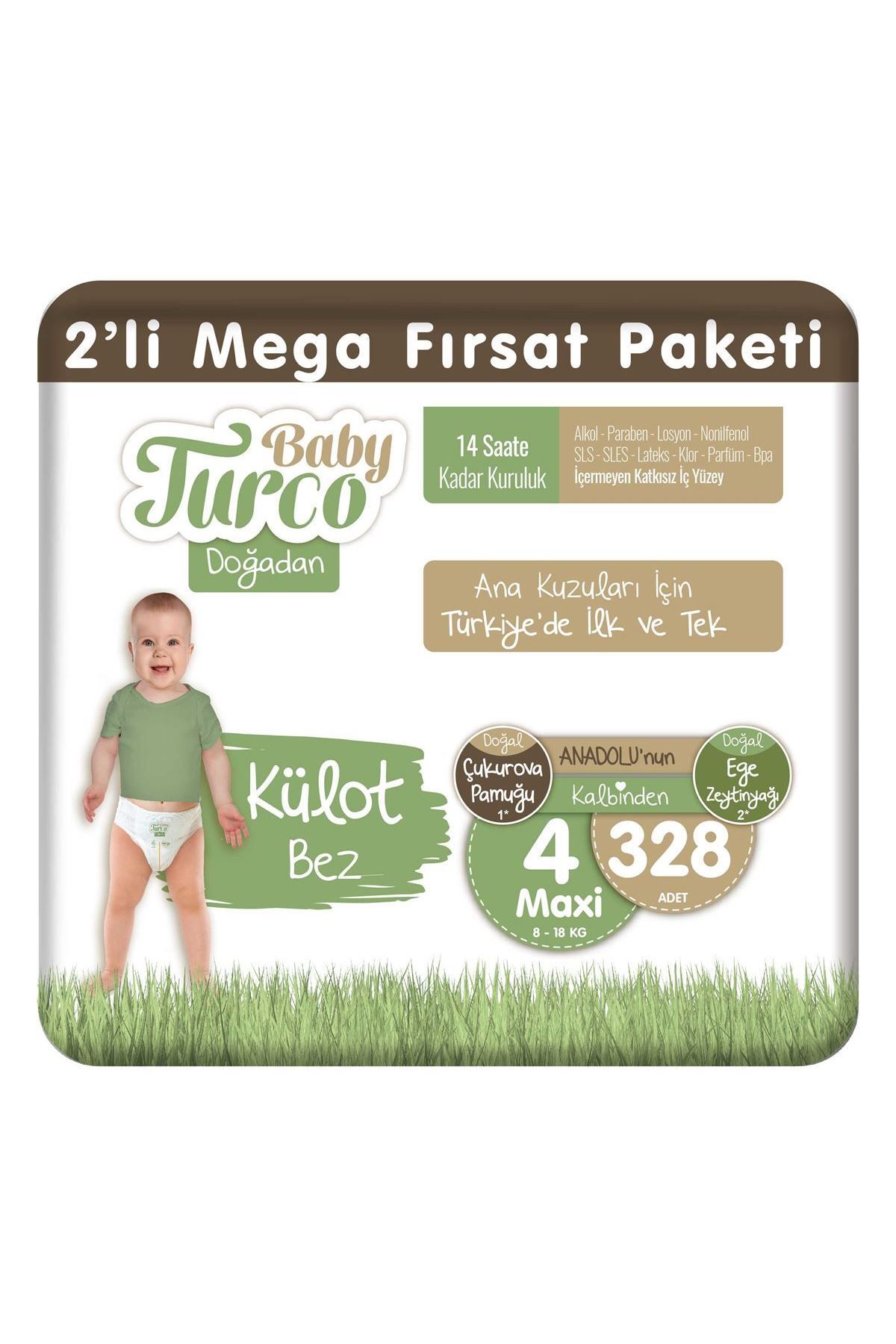 Baby Turco Doğadan 2'li Mega Fırsat Paketi Külot Bez 4 Numara Maxi 328 Adet