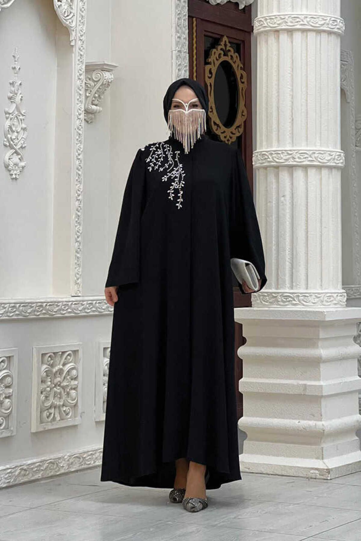 Bym Fashion Omuz Taş İşlemeli Bel Bağlamalı Ferace 7805 Siyah