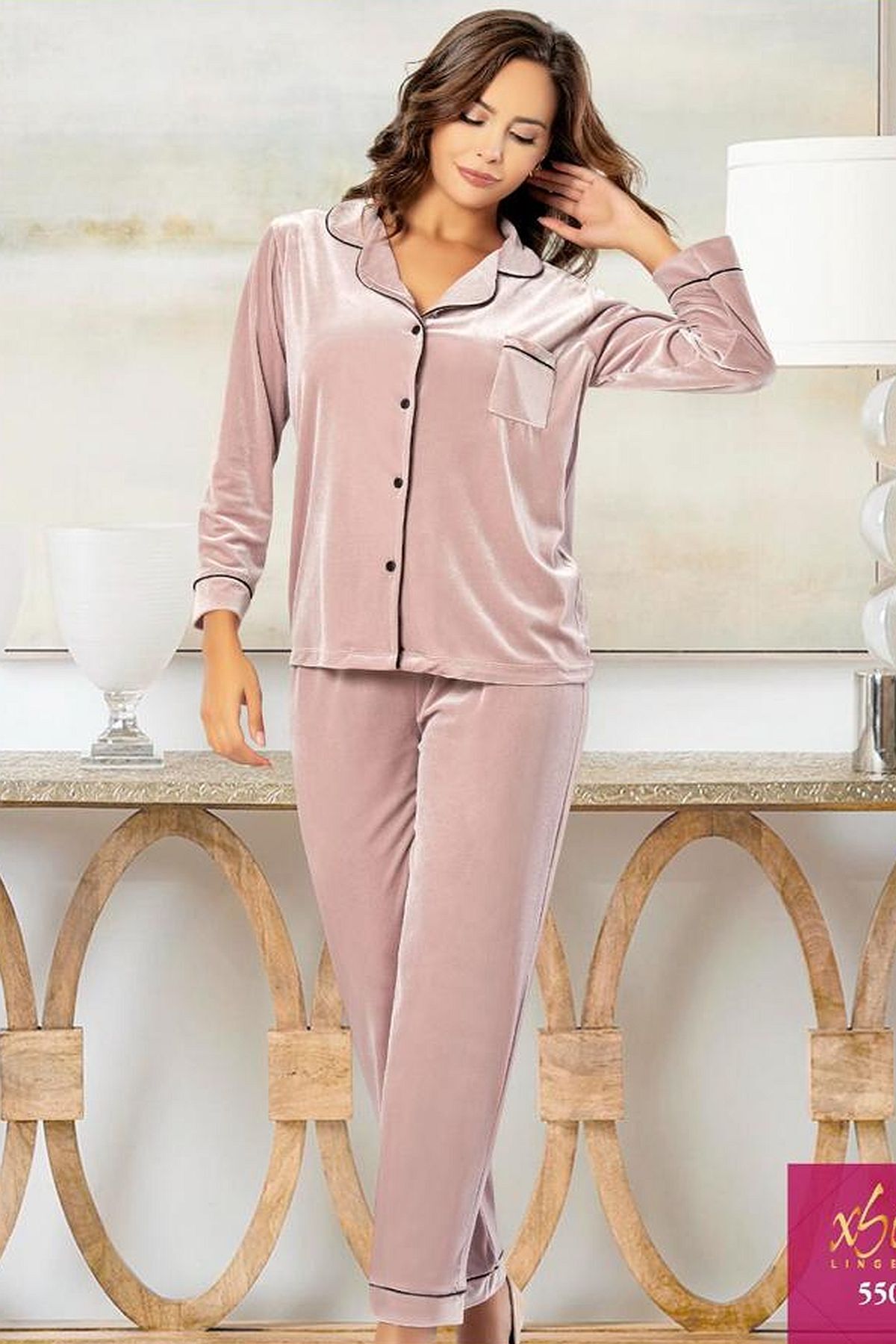 Xses 5500 Kadın Kadife Uzun Kolu Gömlek Pijama Takım-pudra