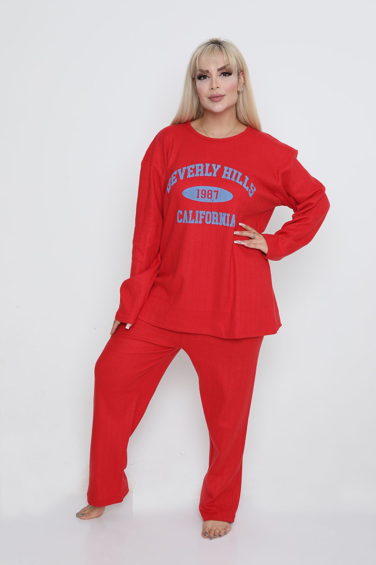 Genel Markalar Büyük Beden Kırmızı Beverly Hils İnterlok Kumaş Uzun Kollu Kışlık Kadın Pijama Takımı