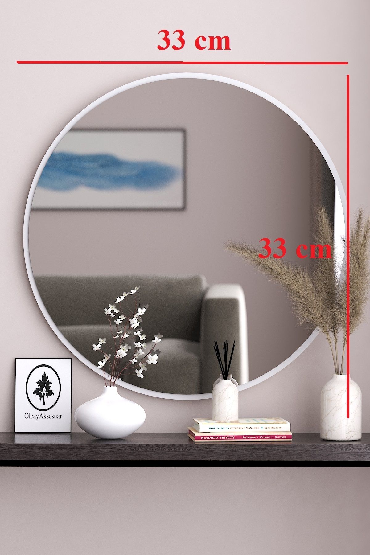OlcayAksesuar Beyaz Dekoratif 33cm Yuvarlak Ayna Antre Hol Koridor Duvar Aynası Salon Mutfak Banyo Wc Ofis Aynası