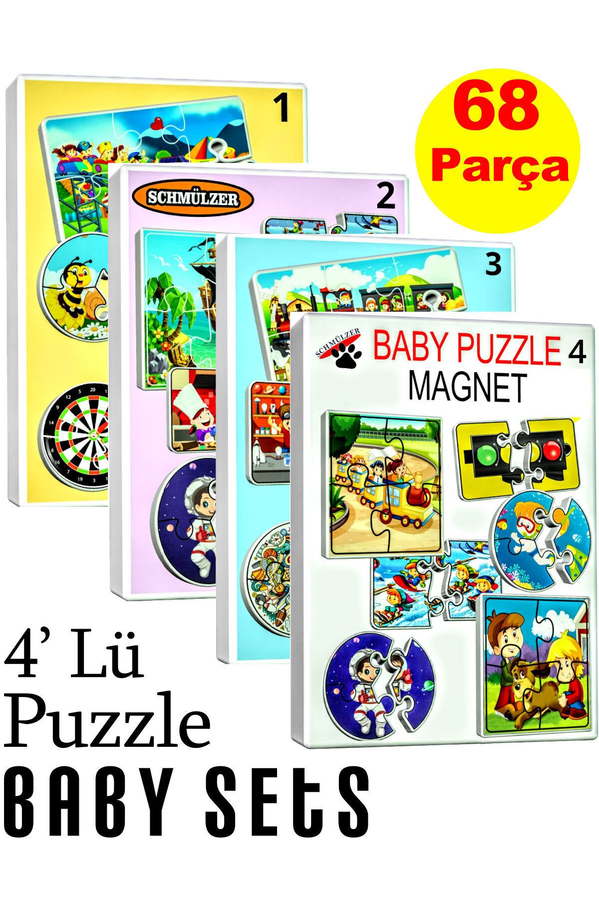 Schmülzer 4'lü Set Baby Magnet Eğitici Puzzle - Yapboz Montessori Hediye oyuncak - 22 GÖRSEL 68 parça