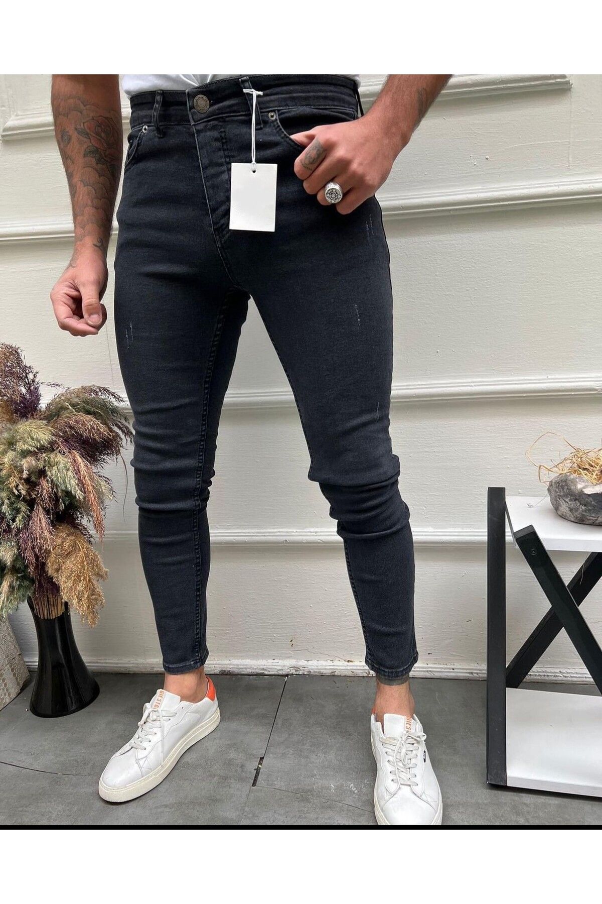 Dark Lavish Erkek Füme Jean Italyan Kesim Denım Tırnaklı Skinny Kot pantolon