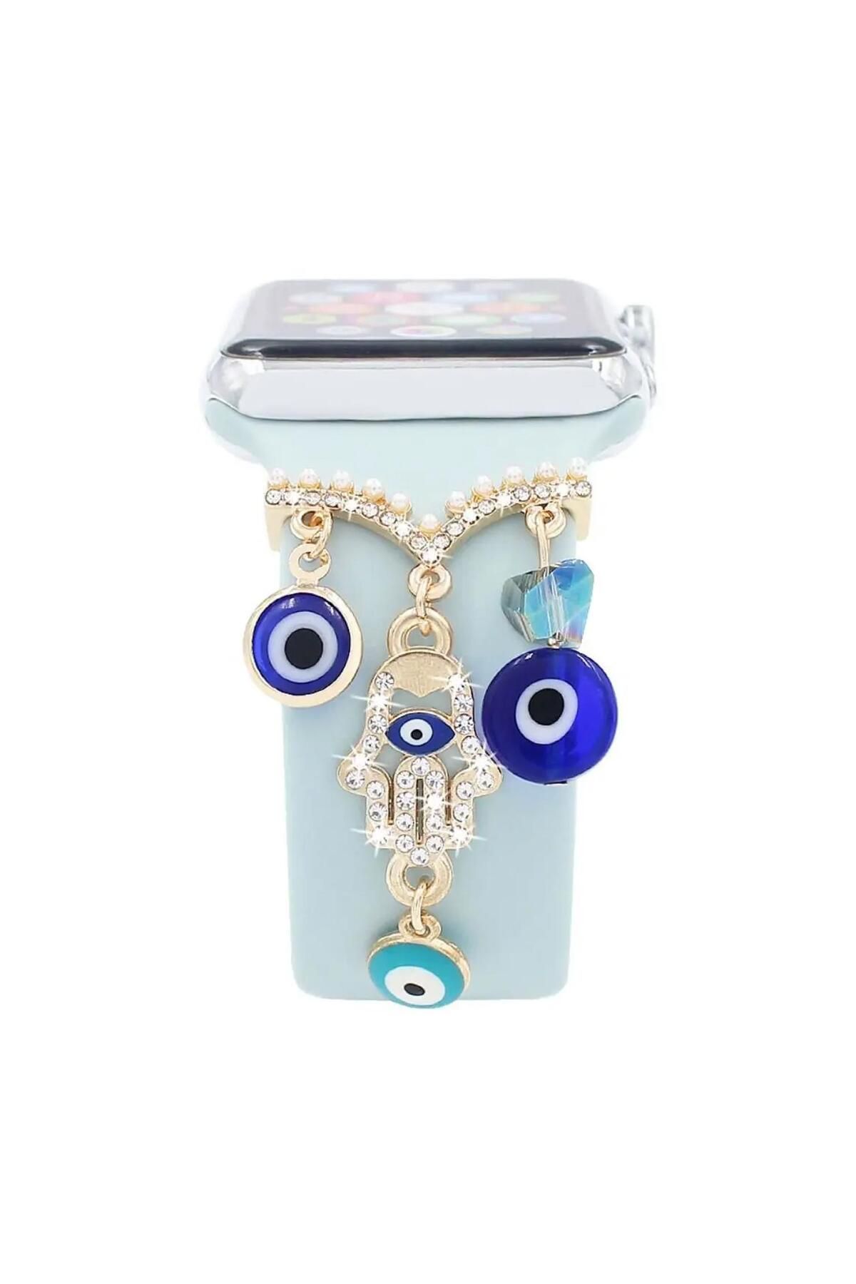 Microsonic Apple Watch SE 2022 40mm Kordon Süsü Charm Hamsa ve Nazar Boncuğu