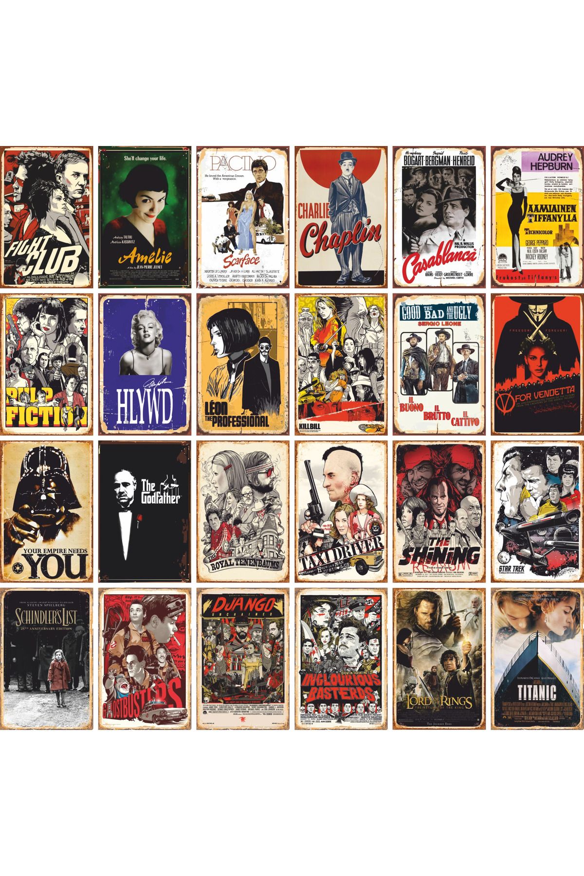 Hayat Poster en çok izlenen 24 efsane kült sinema filminin retro vintage ahşap poster seti. 24 adet set