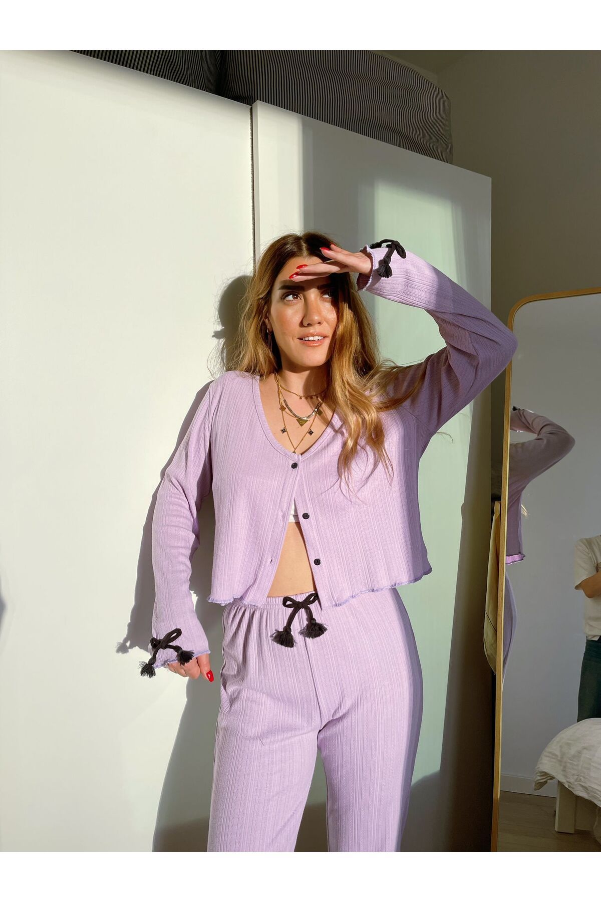Serbella Organik Pamuklu Penye Düğmeli Pijama Takımı Lila