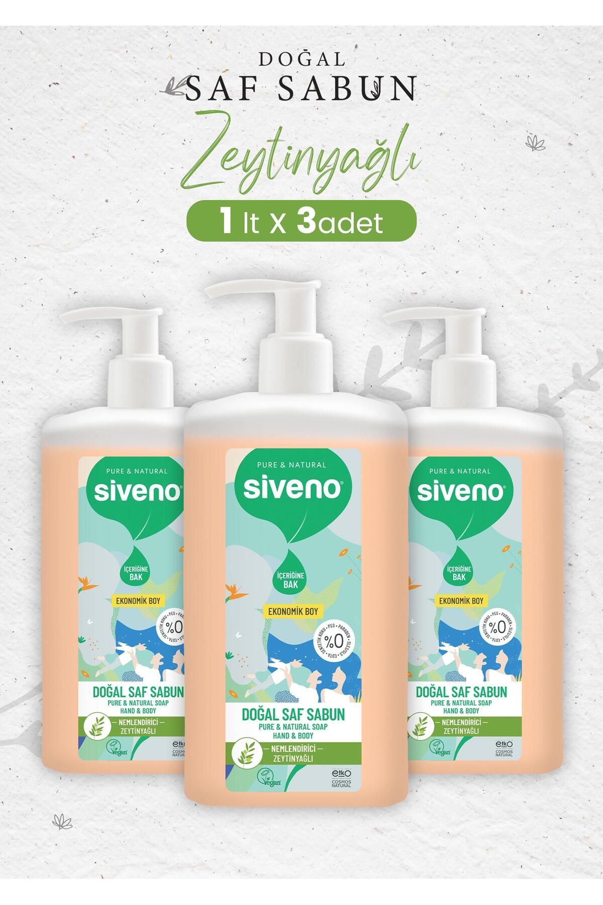 Siveno %100 Doğal Sıvı Kastil Sabun Zeytinyağlı Yoğun Nemlendirici Arındırıcı Bitkisel 1000 ml X 3 Adet