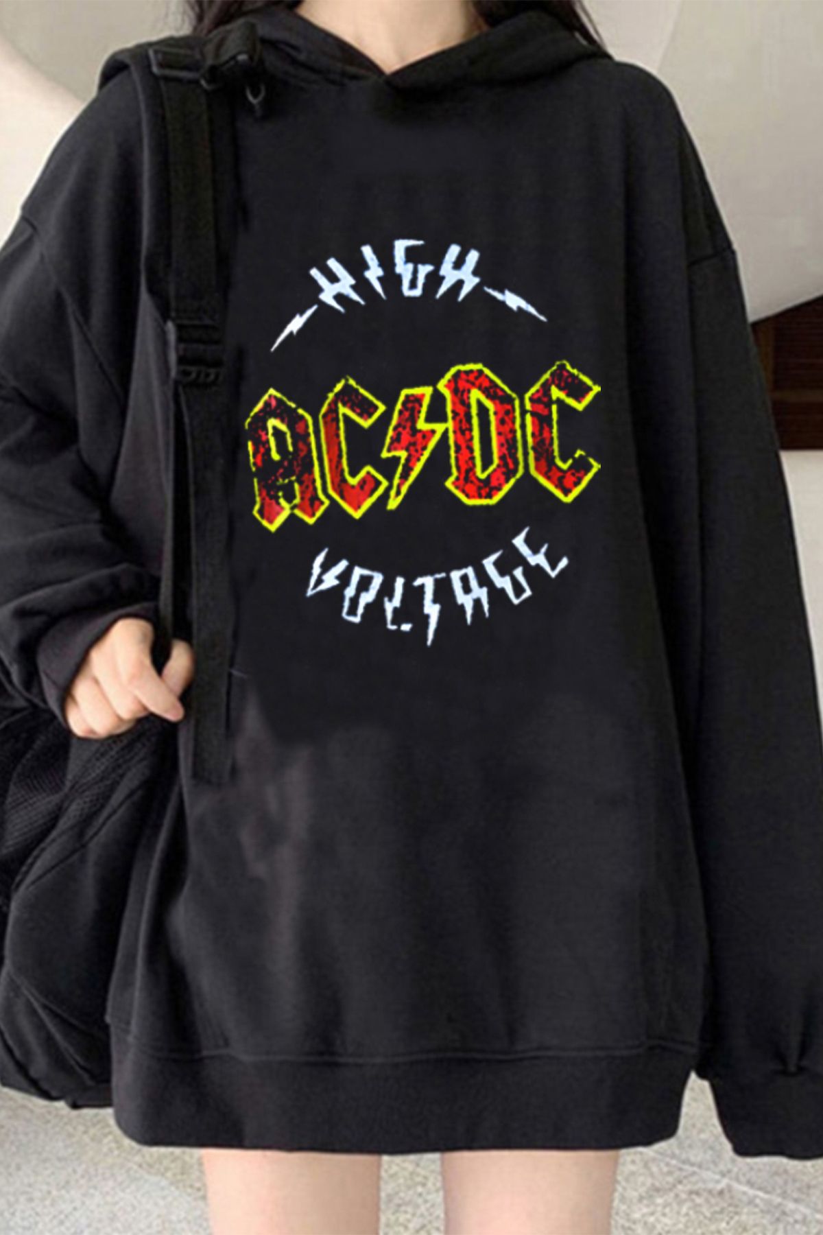 Freak Tshirt Siyah Unisex Acdc High Voltage Baskılı Içi Polar Geniş Kesim Rock-metal Sweatshirt
