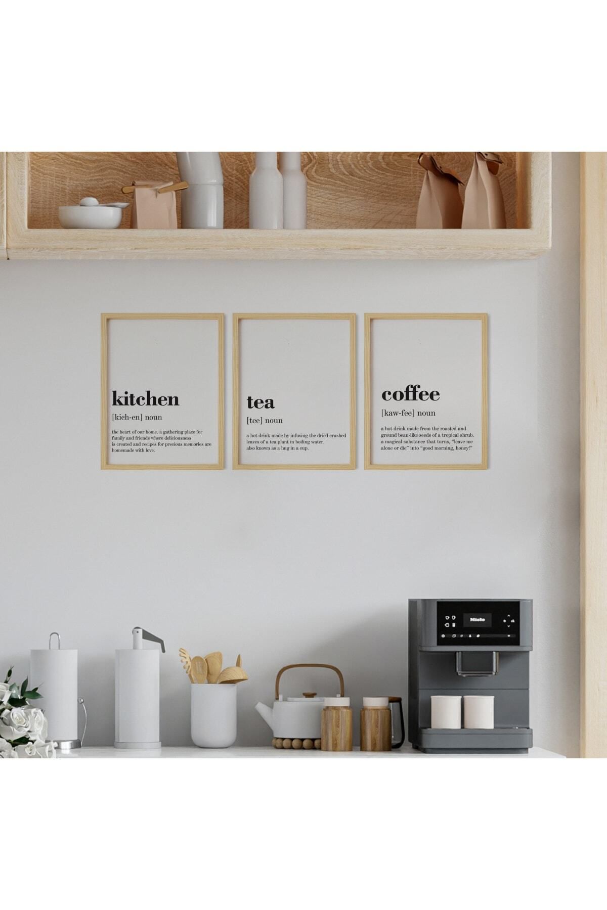 Ayışığı Dizayn Coffee Tea Kitchen-kahve Çay Mutfak Doğal Ahşap Çerçeveli 3'lü Tablo Seti