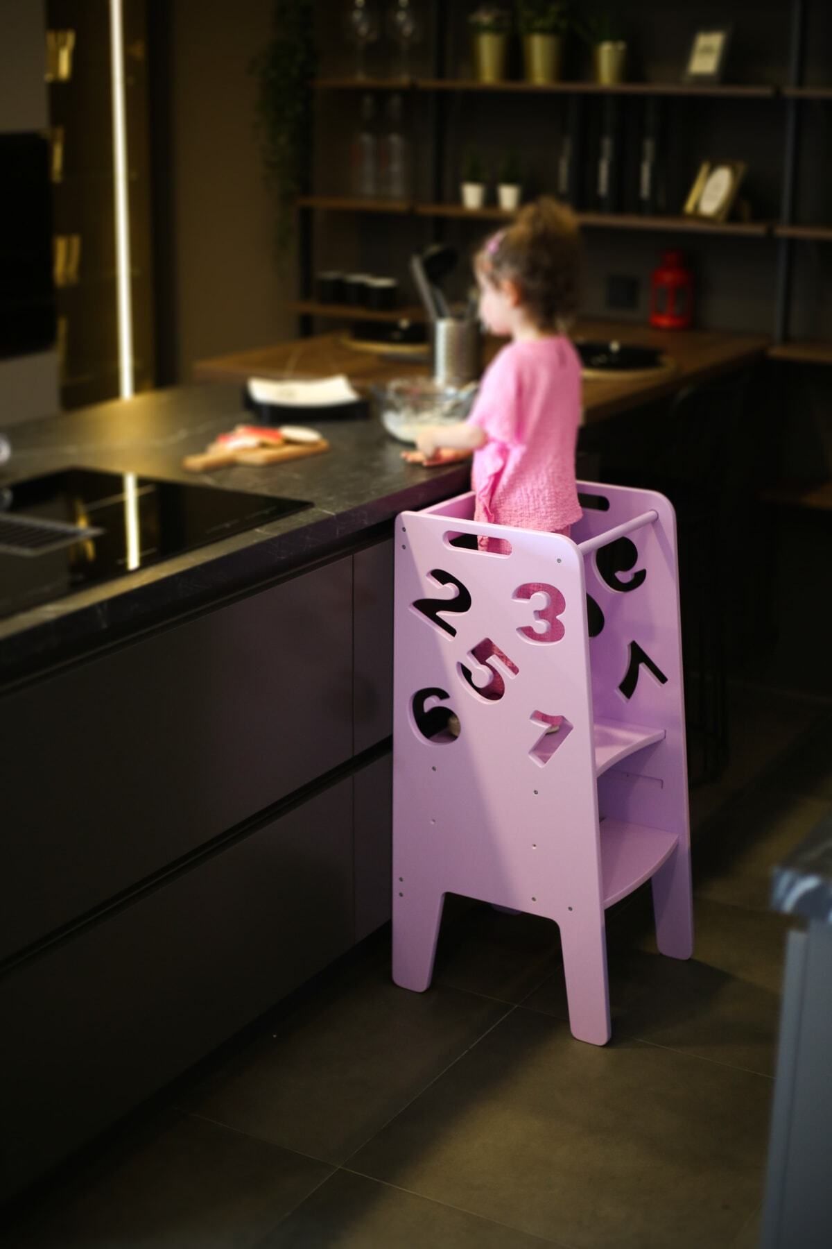 LAYKİDS Lila Montessori Çocuk Öğrenme Kulesi Mutfak Banyo Taburesi Basamak Yükseltici Numbers 39,5x39