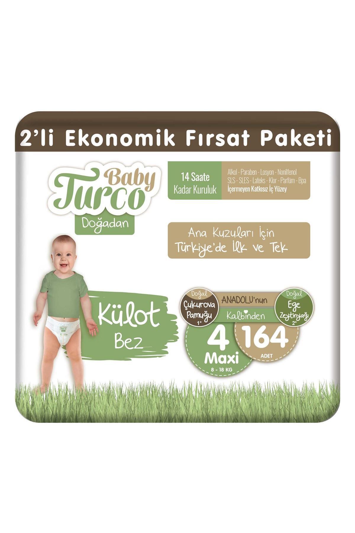 Baby Turco Doğadan 2'Li Ekonomik Fırsat Paketi Külot Bez 4 Numara Maxi 164 Adet