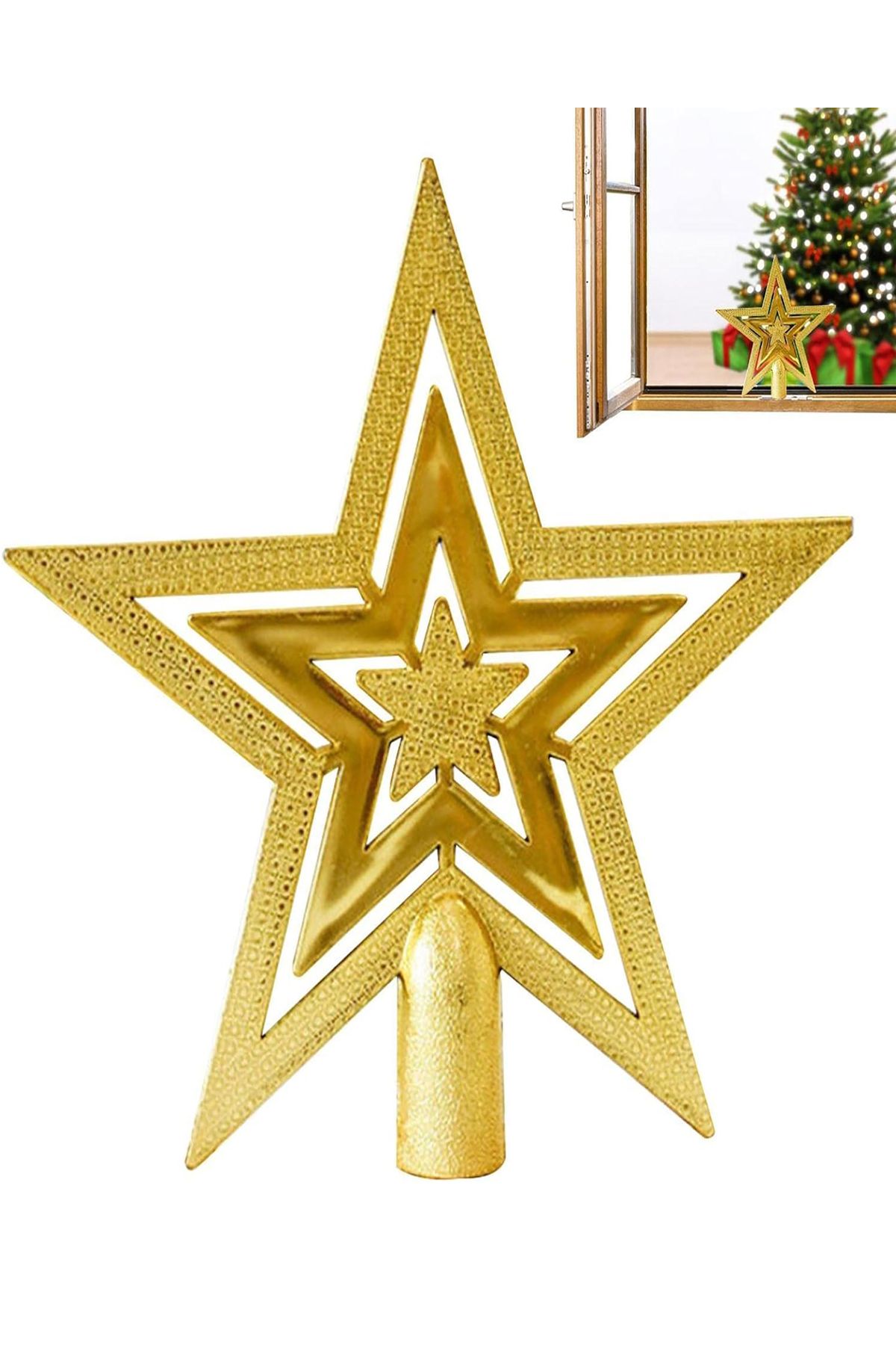 Parti Dolabı 14 cm Yılbaşı Çam Ağaçı Altın Tepe Yıldızı Yeni Yıl Metalik Tepe Süsü Yıldız