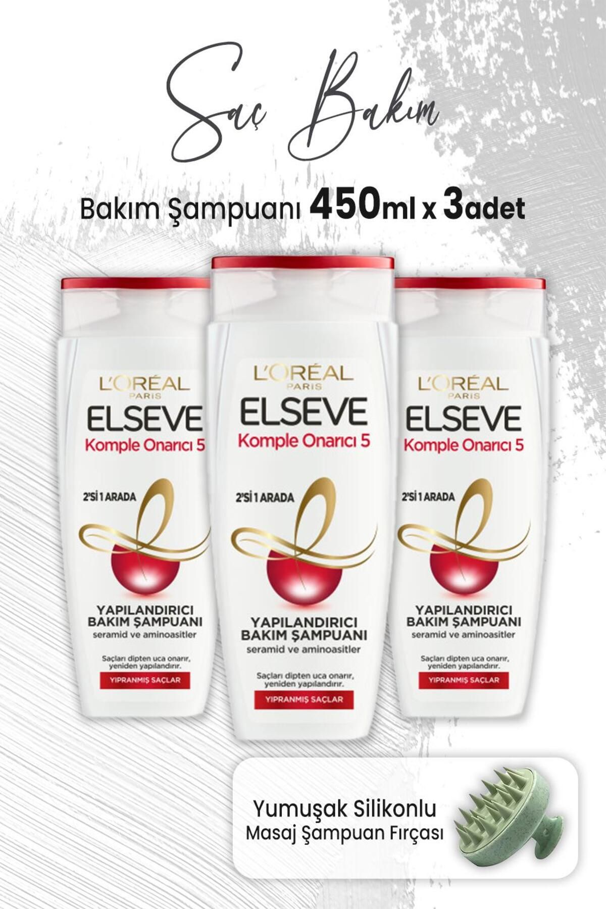 Elseve Komple Onarıcı 5 Şampuan 2'si 1 Arada 450 ml x 3 Adet ve Masaj Şampuan Fırçası Yeşil