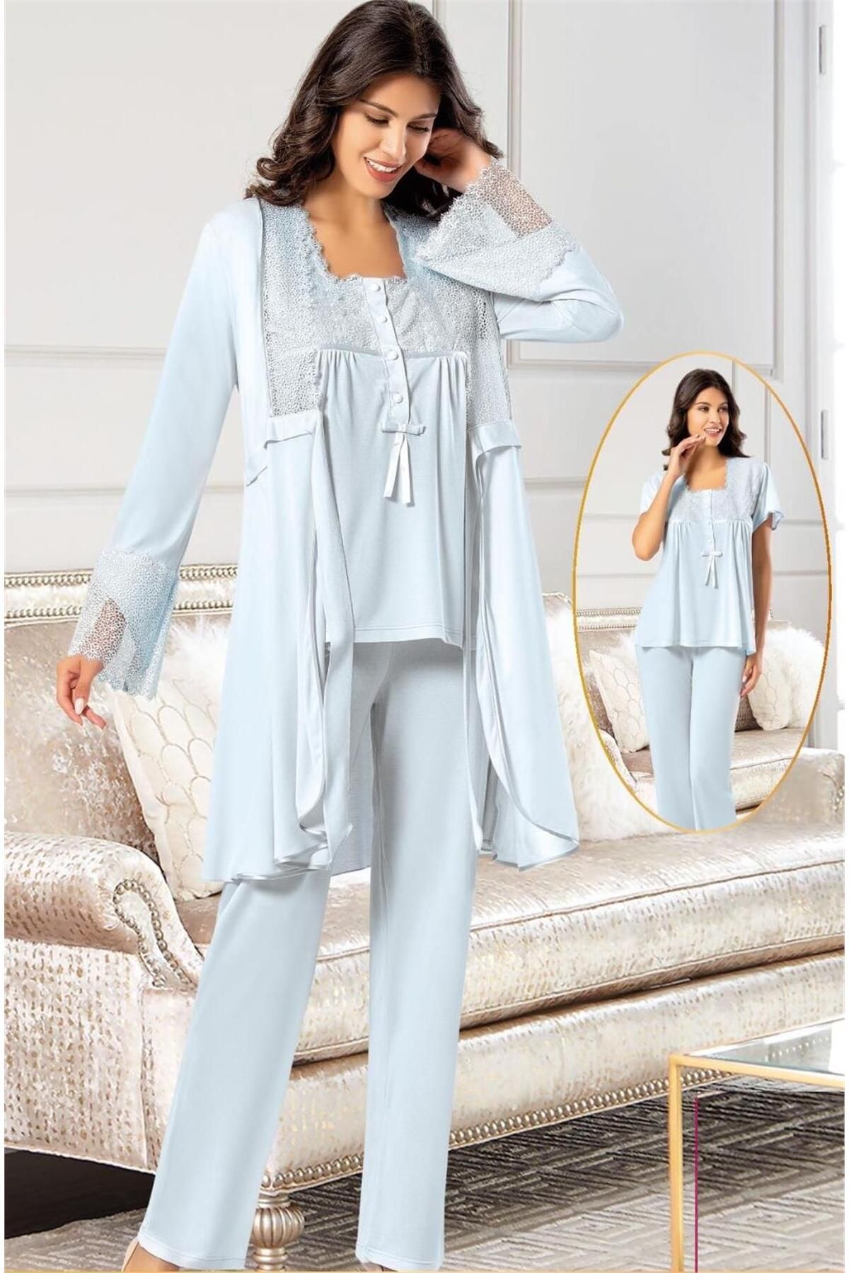 Xses 4700 Kadın Hamile Lohusa Sabahlıklı Pijama Takım-mavi