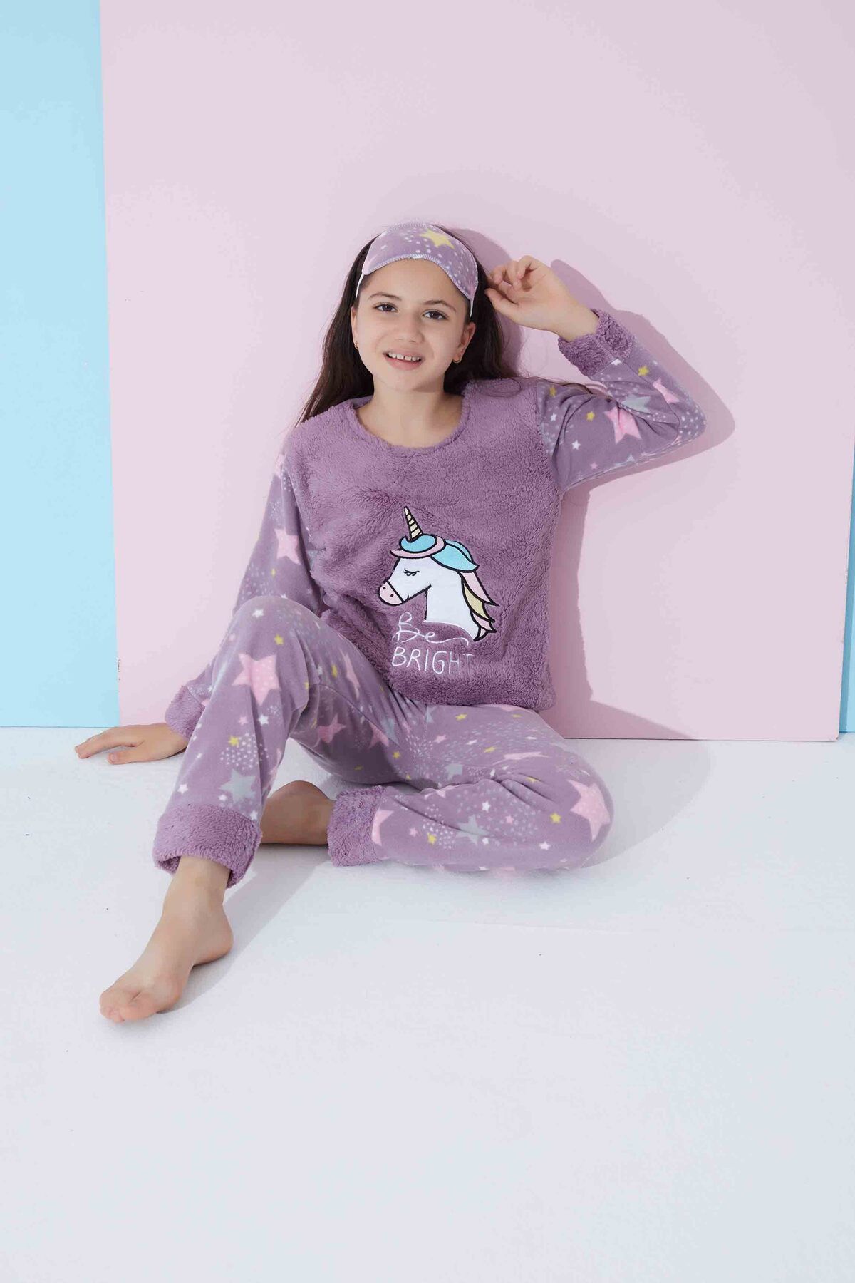 Meba Kız Çocuk Boy Unicorn Nakışlı Lila Peluş polar Pijama Takımı
