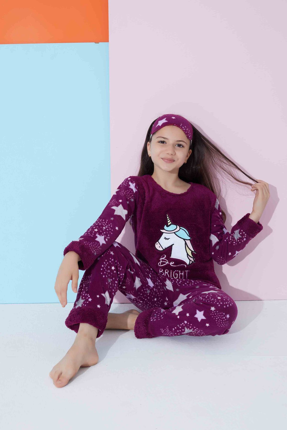 Meba Kız Çocuk Boy Gez Unicorn Nakışlı Mor Peluş polar Pijama Takımı