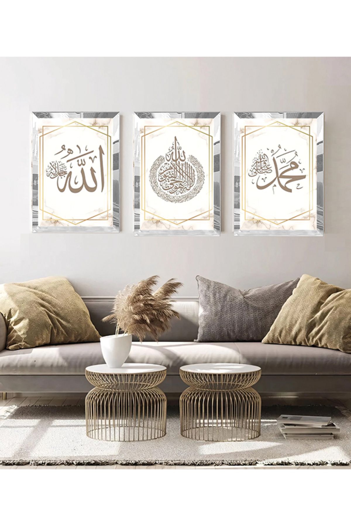 fabriflow exclusive Dekoratif Duvar Dekorasyon Aynalı İslami Simge Desenli Tablo Gümüş - Gold Aynalı Pleksi 3 Lü Set