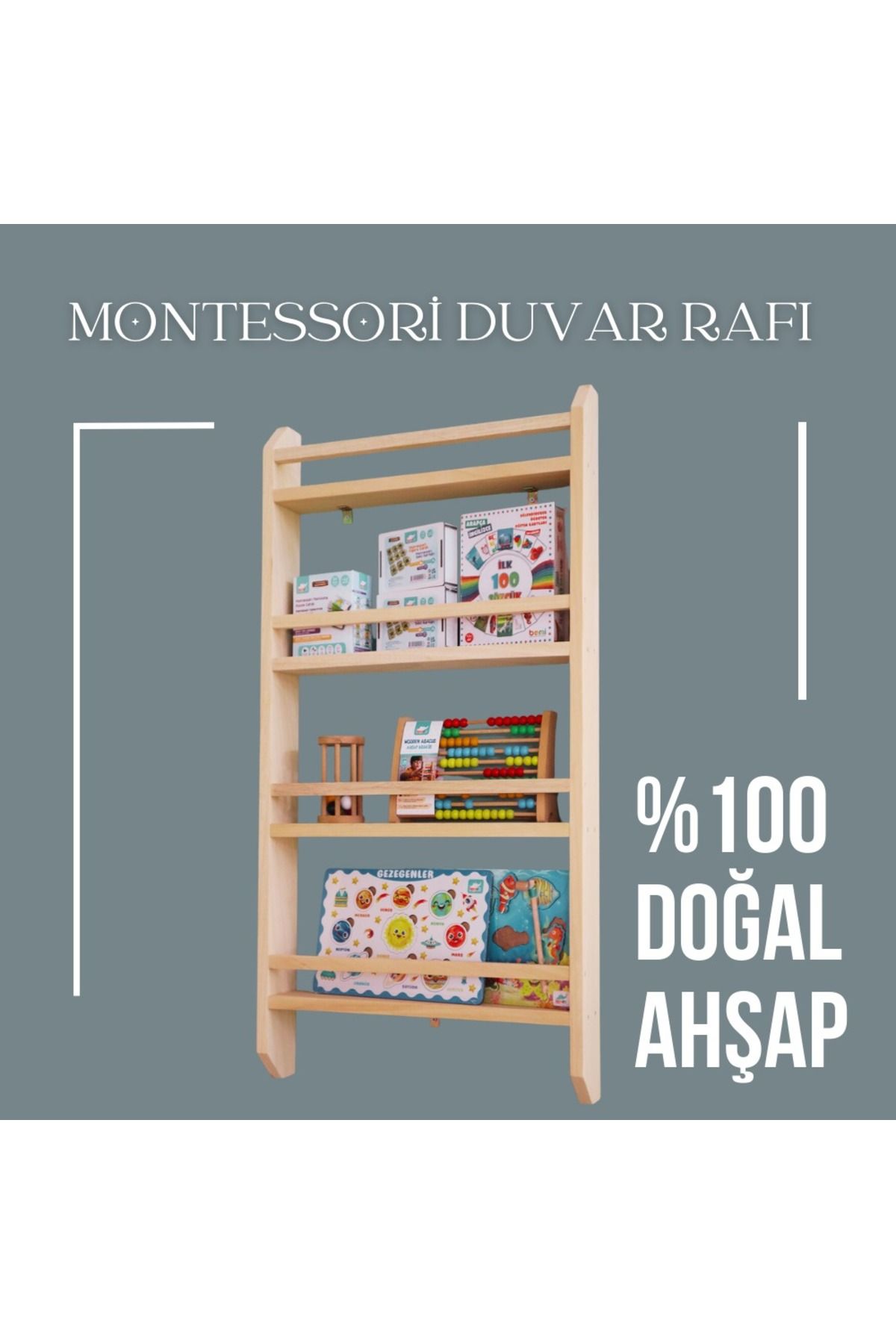 Jest Dekor Konsept Montessori Ahşap Kitaplık Çocuk Odası Bebek Odası Duvar Rafı