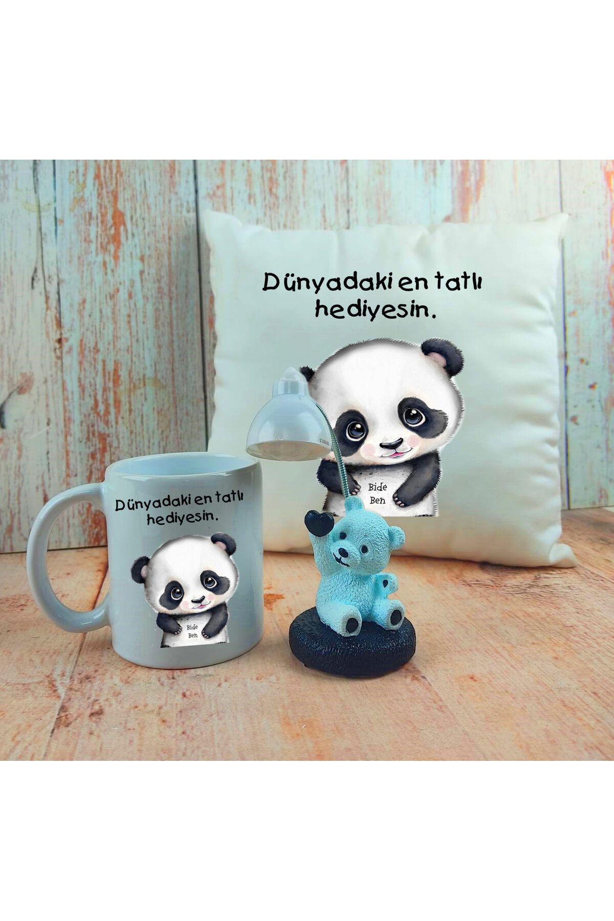Hediyefoni Ponçik Panda Işıklı Biblo Yastık Ve Bardak 3'lü Hediye Seti