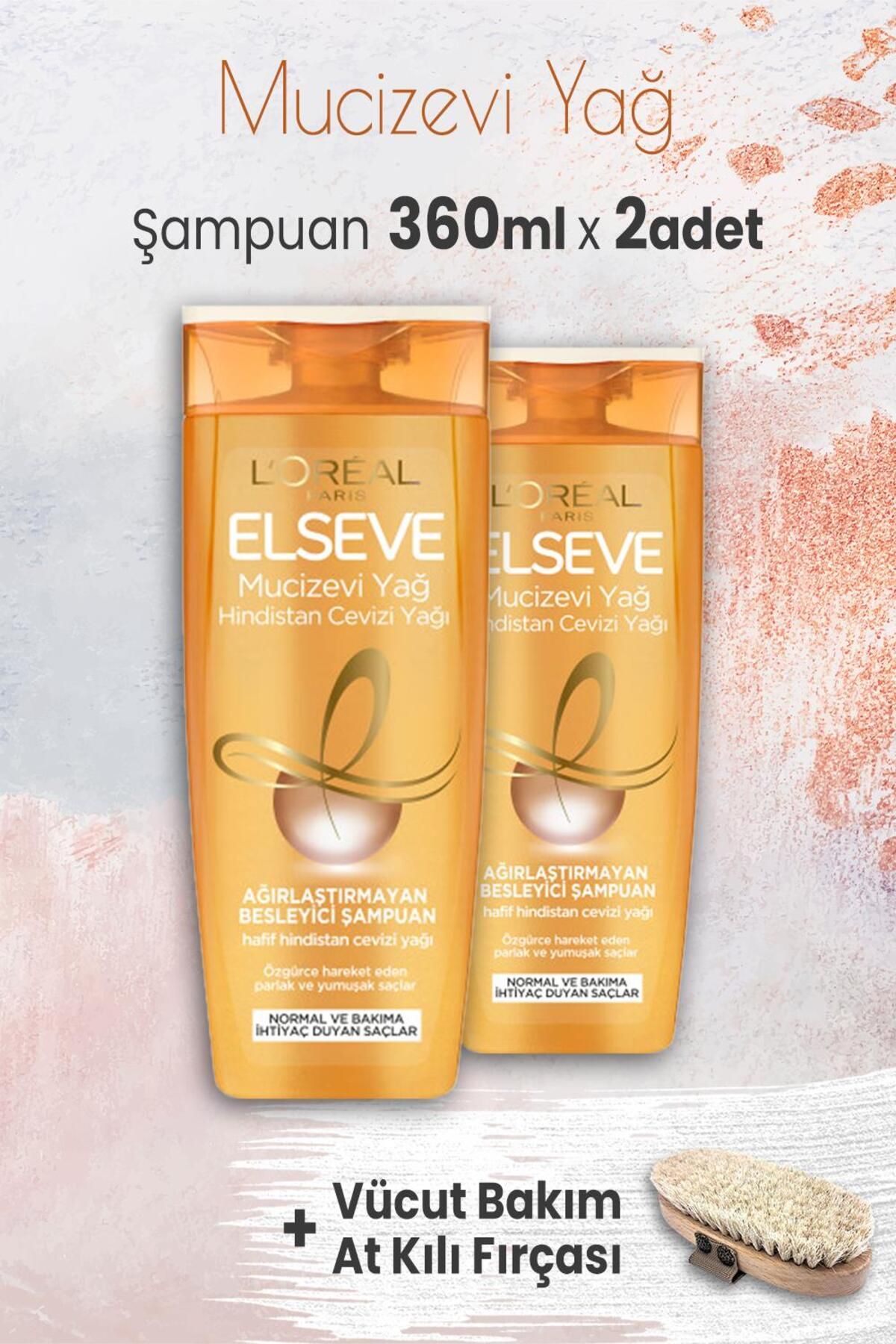 Elseve Mucizevi Yağ Şampuan Hindistan Cevizi 360 ml X 2 Adet Ve Vücut Bakımı At Kılı Fırçası