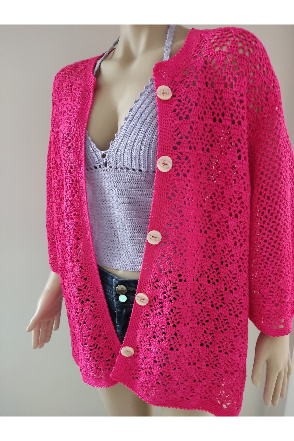 Freya Design Oversize Örme Ceket Elbise, El Örgüsü Hırka, Kadın Renkli Örme Oversize Ceket
