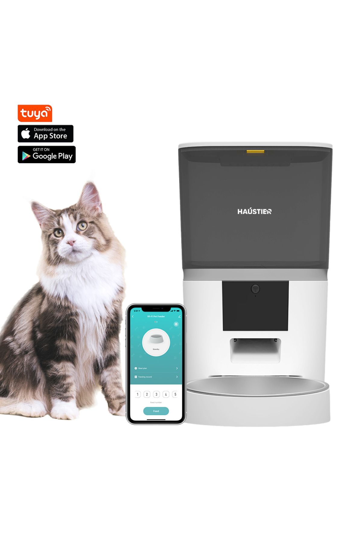 Haustier QQ003 Akıllı Kedi/Köpek Otomatik Mama Kabı, App Uzaktan Kontrol, Öğün/Porsiyon Planlama