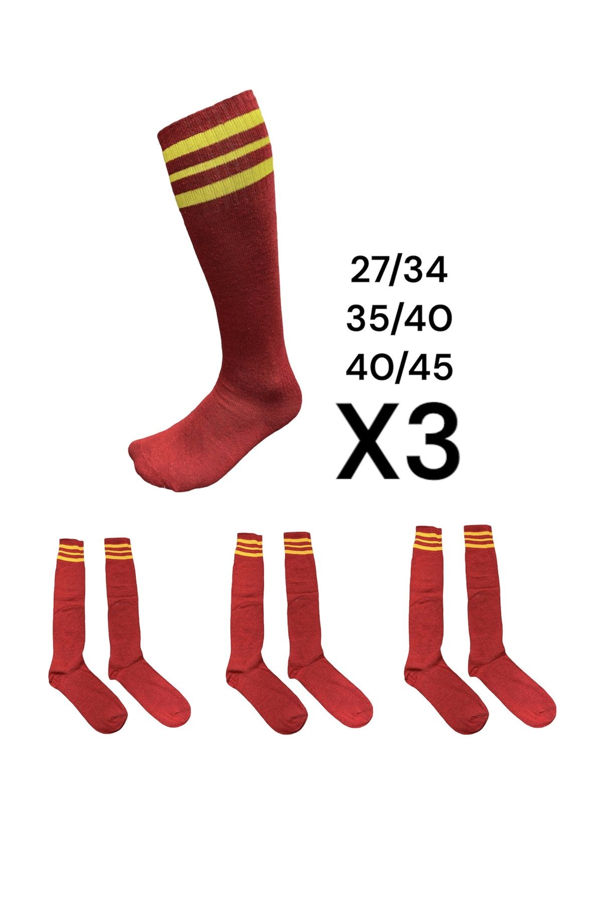 Suq giyim Futbol Çorabı Tozluk 3 Lü Paket Kırmızı Sarı Çocuk Yetişkin